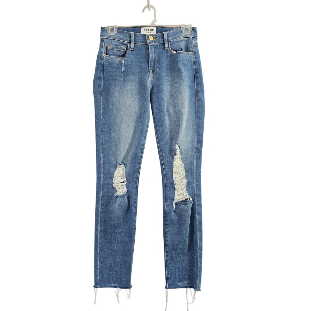 FRAME Le Skinny de Jeanne Crop Jeans Womens 26 Blue Solid Distressed Raw Hem EUC